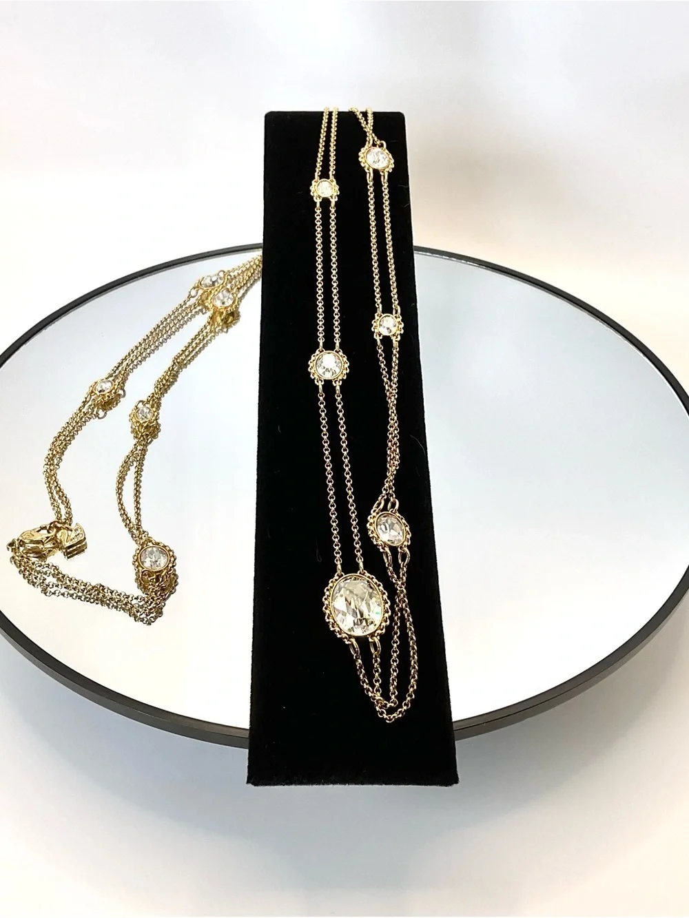 Swarovski Gold Long Station Double Strand Necklace with Clear Stones